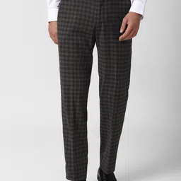 Peter England Elite Men Grey Checked Slim Fit Formal Trousers-image-96