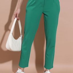 Tokyo Talkies Women Teal Mid Rise Pleated Cropped Peg Trousers-image-12