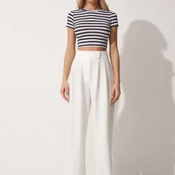 Happiness istanbul Women Regular Fit High-Rise Pleated Cotton Parallel Trousers-picture-11
