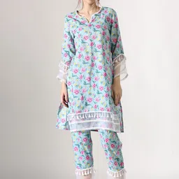 Anouk Printed Regular Kantha Work Pure Cotton Straight Kurta with Trousers-image-29