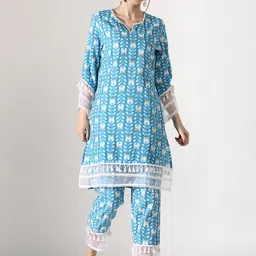 Anouk Ethnic Motifs Printed Kantha Work Pure Cotton A-Line Kurta with Trousers-54