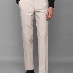 Louis Philippe Men Cream-Coloured Checked Slim Fit Pleated Trousers-picture-5