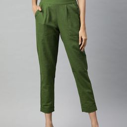 Jaipur Kurti Women Olive Green Straight Fit Pleated Trousers-picture-28