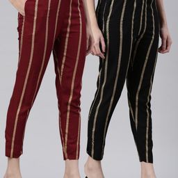 Kryptic Women Pack Of 2 Striped Mid-Rise Smart Slim Fit Cigarette Trousers-image-73