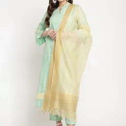Sringam Women Green Ethnic Motifs Printed Regular Kurta with Trousers & With Dupatta-0