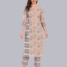 NH KAPDEWALA Women Beige Floral Printed Kurta with Trousers-picture-36