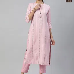 KALINI Selection Of 2 Striped Printed Notch Neck Straight Kurtas With Trousers-34