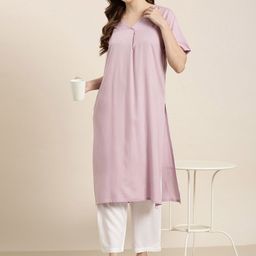 SHOOLIN V Neck Regular Straight Kurta with Trousers-image-88