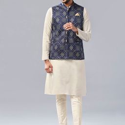 KISAH Mandarin Collar Straight Kurta & Trousers With Nehru Jacket Set-picture-11