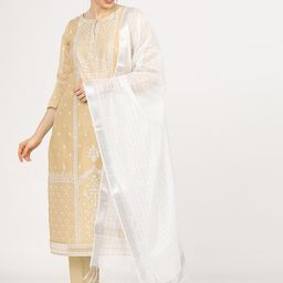 Vishudh Women Beige & White Floral Printed Regular Kurta With Trousers & Dupatta-11