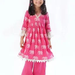 LIL DRAMA Girls V-Neck  elepant Printed Empire Kurta with Trousers-picture-28