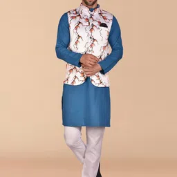 PRINTCULTR Mandarin Collar Long Sleeves Pure Cotton Kurta & Trousers With Nehru jacket-image-79