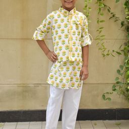 Fayon Kids Boys Floral Printed Regular Pure Cotton Kurta with Trousers-24