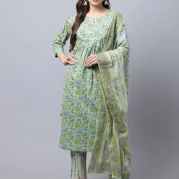 Rajnandini Women Green Floral Printed Pure Cotton Kurta with Trousers & With Dupatta-image-75