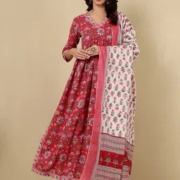GLAM ROOTS Floral Printed Empire Pure Cotton A-Line Kurta with Trousers & Dupatta-picture-24