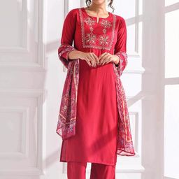 Anouk Women Floral Yoke Design Regular Thread Work Kurta with Trousers & With Dupatta-image-22