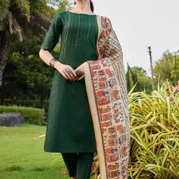 KALINI Striped Regular Thread Work Kurta with Trousers & With Dupatta-picture-1