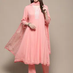 Biba Floral Embroidered Thread Work V-Neck Straight Kurta With Trousers & Dupatta-picture-11