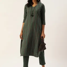 KALINI Women Striped Regular Thread Work Kurta with Trousers-picture-3