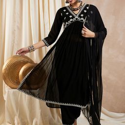 KALINI Floral Yoke Design Empire Thread Work Anarkali Kurta With Trousers & Dupatta-8