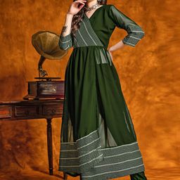 KALINI Striped Angrakha A-Line Kurta with Trousers-7