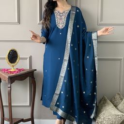 KALINI Women Embroidered Regular Chanderi Cotton Kurta with Trousers & With Dupatta-44