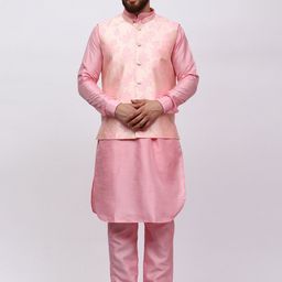 MAG Mandarin Collar Regular Dupion Silk Straight Kurta & Trousers With Nehru jacket-picture-10