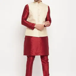 VASTRAMAY Mandarin Collar Kurta with Pyjamas With Woven Design Nehru Jacket-image-35