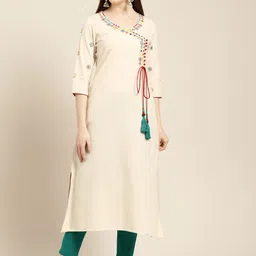 Jaipur Kurti Women Off-White & Green Solid Angrakha Kurta with Trousers-picture-56