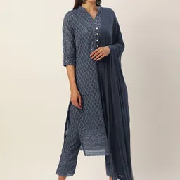 all about you Grey Floral Embroidered Sequinned Chikankari Kurta with Trousers & Dupatta-9