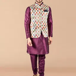 PRINTCULTR Mandarin Collar Straight Pure Silk Kurta With Trousers & Nehru Jacket-image-56