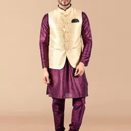 PRINTCULTR Mandarin Collar Pure Silk Straight Kurta With Pyjamas & Nehru Jacket-picture-27
