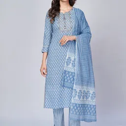KALINI Women Blue Ethnic Motifs Printed Thread Work Pure Cotton Kurta with Trousers & With Dupatta-15