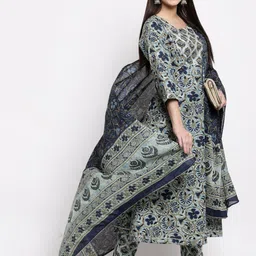 Yuris Women Blue Floral Printed Pure Cotton Kurta with Trousers & Dupatta-image-67