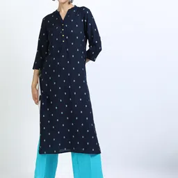 Vishudh Women Navy Blue & Turquoise Blue Ethnic Printed Pure Cotton Kurta with Palazzos-image-86