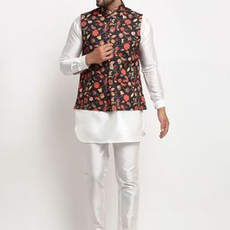 Benstoke Men White Floral Dyed Layered Dupion Silk Kurti with Trousers-picture-39