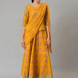 W Festive Printed Shantung Top & Culotte With Attached Drape-28