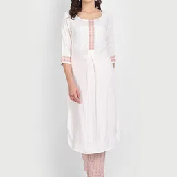 githaan Women White Yoke Design Pleated Patchwork Kurti with Trousers & With Dupatta-picture-36