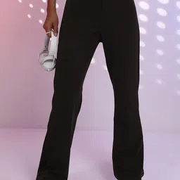 Tokyo Talkies Brown Mid-Raise Flat-Front Bootcut Trousers-image-68
