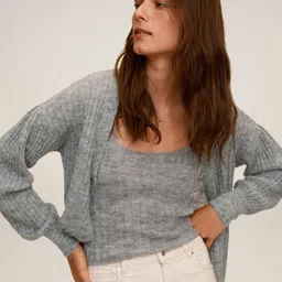 MANGO Women Grey Melange Ribbed Cardigan Sweater-image-55