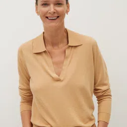 MANGO Women Beige Solid Polo Collar Pullover-image-45