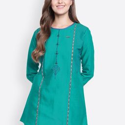 Kvsfab Woman Green Geometric Embroidered Kurti-image-17