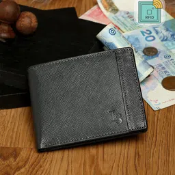 LOUIS STITCH Men Grey Textured Italian Saffiano Leather RFID Two Fold Wallet-image-13