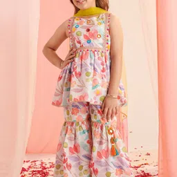 pspeaches Girls Floral Printed Angrakha Kurta with Sharara & With Dupatta-image-99