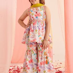pspeaches Girls Floral Printed Regular Kurta with Sharara & With Dupatta-picture-1