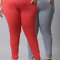 TAG 7 PLUS Plus Size Women Pack Of 2 Peach & Grey Solid Ankle-Length Woolen Leggings-image-65