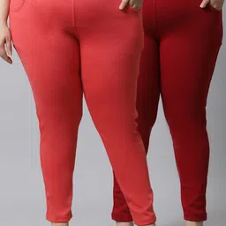 TAG 7 PLUS Women Pack of 2 Peach & Maroon Solid Ankle-Length Leggings-picture-12