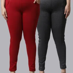 TAG 7 PLUS Women Plus Size Pack of 2 Grey & Maroon Solid Ankle-Length Woolen Leggings-image-99