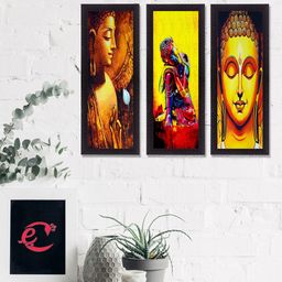 eCraftIndia Set Of 3 Yellow & Red Lord Buddha Satin Matt Texture UV Wall Art-picture-6