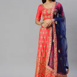 SHADOW & SAINING Pink & Blue Embroidered Semi-Stitched Lehenga Unstitched Blouse With Dupatta-9